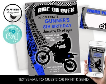 Editable Dirtbike Invitation Invite Motorcross Birthday Party Digital 5x7 Blue Black Race Bike Boys Dirt Motor