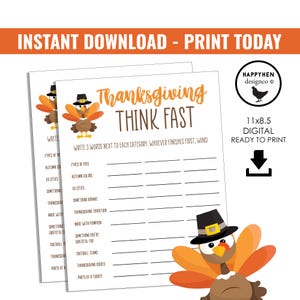 Thanksgiving Game Think Fast Dinner Fun Printable Digital 8.5x11 Family Games Instant Download Turkey