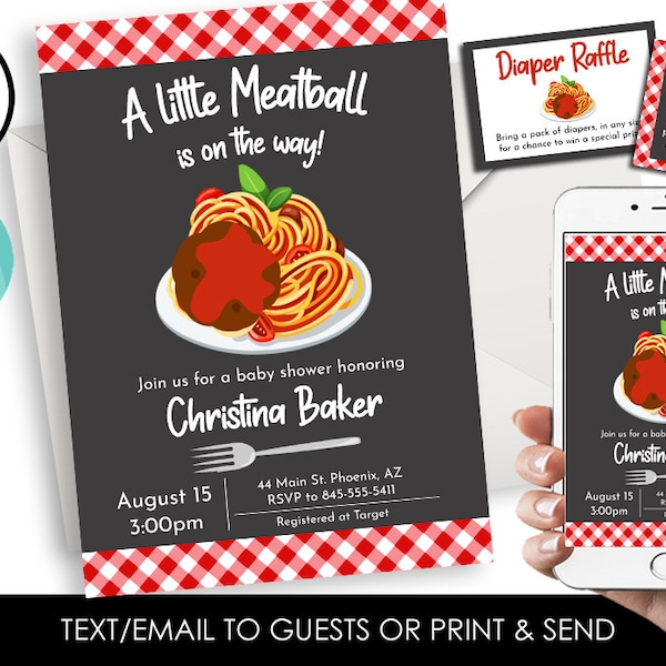 Editable Meatball Baby Shower Invitation Invite Digital Bundle 5x7 Spaghetti Pasta Sprinkle Set Italian Food