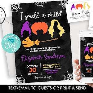 Könnte beinhalten: Eine schwarze Babyparty-Einladungskarte mit weißen Spinnennetzen, drei bunten Haarsilhouetten, einem Besen und dem Text I smell a child, Elizabeth Sanderson, October 30, 953 Halloween St, Semonts, UT 62323, RSVP to Annie 320-821-1021.