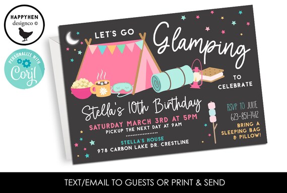 Sleepover Camping Birthday Invitations, Girls Glamping Slumber