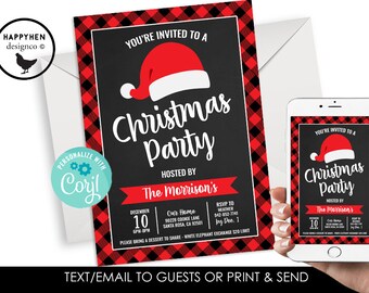May include: A Christmas party invitation with a red and black buffalo plaid border. The invitation features a Santa hat graphic and the text "Christmas Party". The invitation is hosted by The Morrison's.