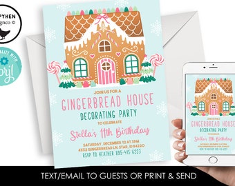 May include: A light blue invitation for a gingerbread house decorating party. The invitation features a gingerbread house illustration with candy accents and the text "Join us for a Gingerbread House Decorating Party to Celebrate Stella's 11th Birthday".