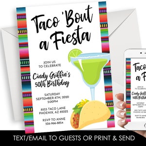 Editable Taco Bout a Fiesta Invitation Invite Digital 5x7 Birthday Party Adult Margarita Serape