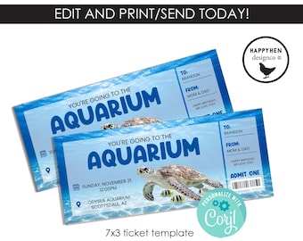 Aquarium Ticket Template Digital 7x3 Instant Download Gift Reveal EDITABLE