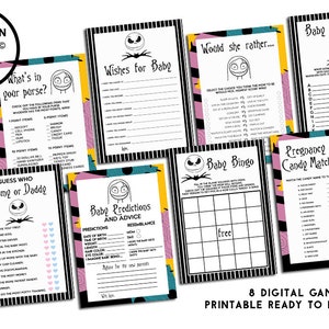 K&ouml;nnte beinhalten: Acht druckbare Babyparty-Spiele mit einem schwarz-wei&szlig; gestreiften Hintergrund und einer Comicfigur aus dem Film Nightmare Before Christmas. Die Spiele beinhalten: What's in your purse?, Wishes for Baby, Would she rather..., Baby Name Race, Guess Who Mommy or Daddy, Baby Predictions and Advice, Baby Bingo und Pregnancy Candy Match.
