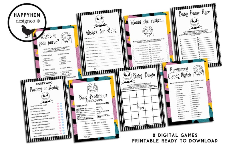 K&ouml;nnte beinhalten: Acht druckbare Babyparty-Spiele mit einem schwarz-wei&szlig; gestreiften Hintergrund und einer Comicfigur aus dem Film Nightmare Before Christmas. Die Spiele beinhalten: What's in your purse?, Wishes for Baby, Would she rather..., Baby Name Race, Guess Who Mommy or Daddy, Baby Predictions and Advice, Baby Bingo und Pregnancy Candy Match.