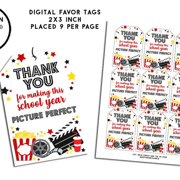 Teacher Gift Tag Movie Gift Idea Tags Favor Printable Digital Appreciation Movie Theater Thank You School