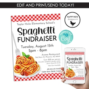 May include: A red and white checkered background with a flyer for a Spaghetti Fundraiser at Taylor Hicks Elementary School. The flyer includes the date, time, location, and cost of the event. The flyer also includes a picture of a plate of spaghetti with meatballs and a fork.