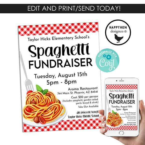 Editable Spaghetti Fundraiser Invitation Flyer Digital School Event Charity Company Drive 8.5x11 Church Template Instant Download