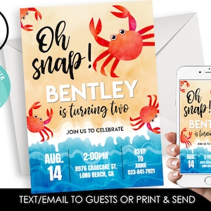 Editable Crab Birthday Invitation Invite Digital 5x7 Beach Party Oh Snap Neutral Boy Girl Pool Summertime Summer