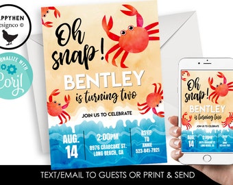 May include: A digital invitation for a child's second birthday party with a beach theme. The invitation features a red crab with blue and white waves in the background. The text on the invitation reads "Oh snap! Bentley is turning two. Aug. 14, 2:00PM, 8976 Crabcake St., Long Beach, CA. RSVP to Annie 523-841-7821. Text/email to guests or print & send."