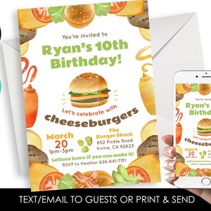 Editable Cheeseburger Invite Invitation Birthday Watercolor Digital 5x7 Party Kids Adult ANY AGE BBQ Burger Picnic Barbecue