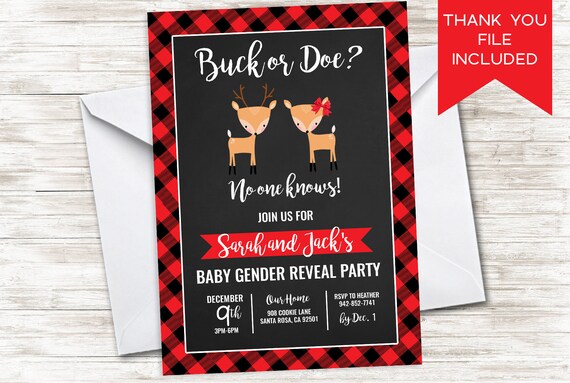 buck or doe gender reveal invite invitation digital 5x7 plaid etsy buck or doe gender reveal invitations