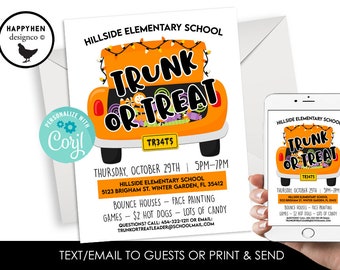 May include: A Trunk or Treat event flyer for Hillside Elementary School featuring an orange truck graphic with string lights, candy, and event details including the date, time, location, and activities like bounce houses and face painting.