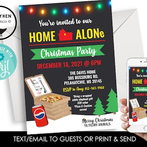 Editable Home Alone Christmas Party Invitation Invite Digital 5x7 Holiday Event Movie Night Pizza Family