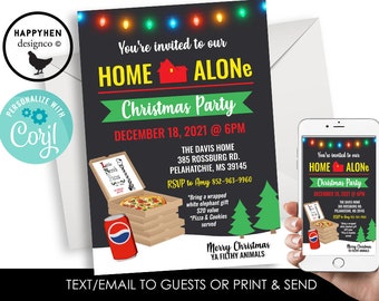 May include: A black and green Christmas party invitation with a red house icon and the text "Home Alone Christmas Party". The invitation includes details about the date, time, location, and RSVP information. The invitation also features a cartoon image of a pizza box and a can of soda.