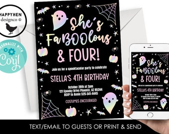 May include: A black birthday invitation card featuring iridescent ghosts, pumpkins, bats, and spiderwebs with the text She's FaBOOlous & FOUR! Stella's 4th Birthday, October 28th at 3pm, 121 Spooky Drive Phoenix, AZ 85244, RSVP to Annie 525-541-4445.