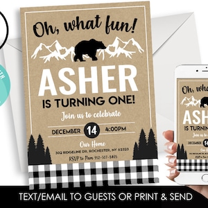 Editable Lumberjack First Birthday Invitation Invite Christmas 5x7 Digital Buffalo Plaid 1st One White Black Winter