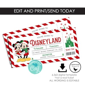 Christmas Disneyland Ticket Gift Reveal Surprise Trip Printable Going to EDITABLE Digital Idea 6.5x3 INSTANT DOWNLOAD