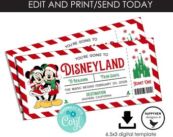 ¡Revela el regalo sorpresa de Disneyland en Navidad! ¡Viaje a Disneyland! ¡Imprimible! Idea digital editable. 6.5x3. ¡Descarga instantánea!