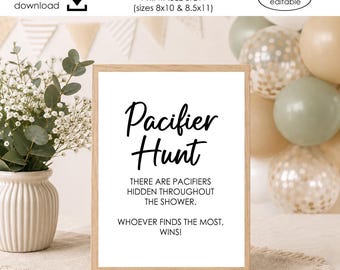 Pacifier Hunt Baby Shower Games Prints Printable Digital 8x10 8.5x11 Instant Download Simple Trending