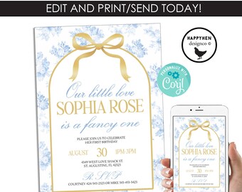 Fancy One Birthday Invitation Invite Chinoiserie Digital Editable TEMPLATE Digital Instant Download 5x7 Vintage