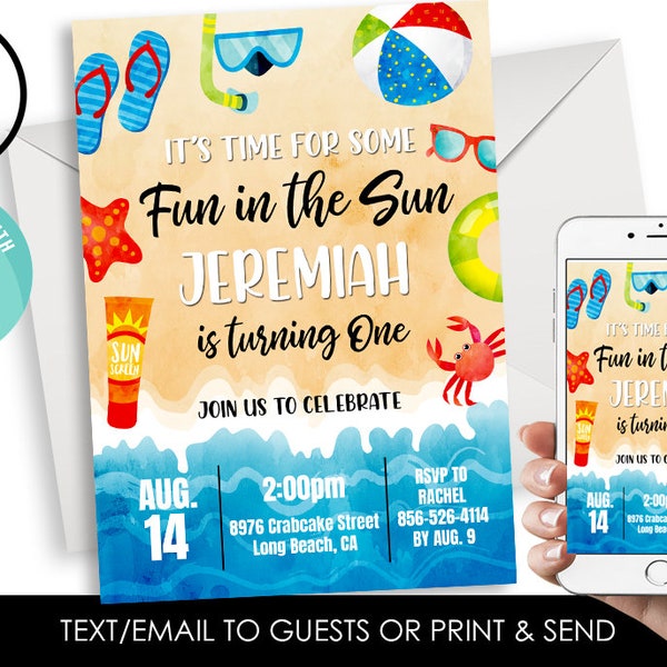 Editable Beach Birthday Invitation Invite Digital Party Fun in the Sun 5x7 Kids ANY AGE Pool Party Summer