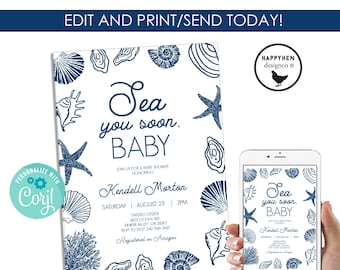 Sea you Soon Baby Shower Invitation Editable Template 5x7 Instant Download Navy Blue Invite