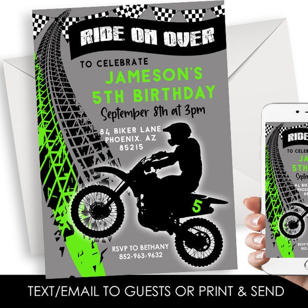 Editable Dirtbike Invitation Invite Motorcross Birthday Party Digital 5x7 Green Monster Black Race Bike Boys Dirt Motor