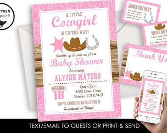 Cowgirl Baby Shower Invitation Invite Digital Sprinkle Pink Country Wood 5x7 Girl Bundle Set