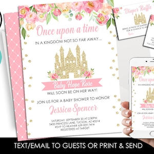 Editable Princess Baby Shower Invitation Invite 5x7 Digital Castle Glitter Gold Once Upon A Time Sprinkle Girl Pink Watercolor