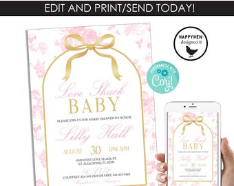 Love Shack Pink Baby Shower Fancy Invitation Invite Digital EDITABLE Template Gold Instant Download 5x7