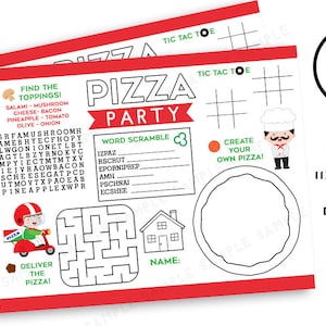 May include: Two red and white pizza party placemats with activities like a word scramble, tic-tac-toe, and a maze. The placemats also feature a pizza chef illustration and a pizza delivery person on a scooter. Each placemat is 27.9 x 21.6 cm.