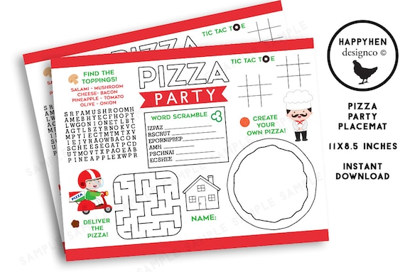 Pizza Activity Coloring Placemat Birthday Party Digital Instant Download Printable Kids Table Page Letter Size 11x8.5