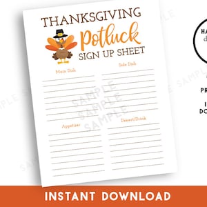 Thanksgiving Potluck Sign Up Sheet 8.5x11 Printable Instant Download Template Digital Turkey Dinner