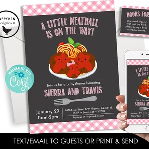 Editable Meatball Baby Shower Pink Invitation Invite Girls Sprinkle Digital 5x7 Template Instant Download Spaghetti
