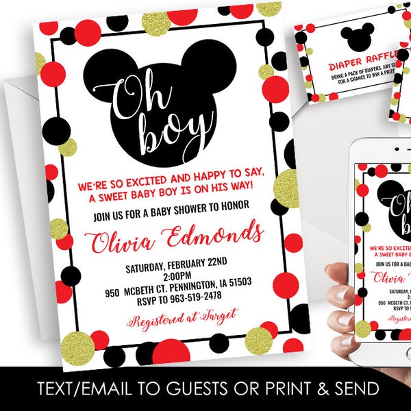 Editable Mickey Baby Shower Invitation Invite Digital 5x7 Mouse Inspired Black Red Sprinkle Diaper Raffle Corjl