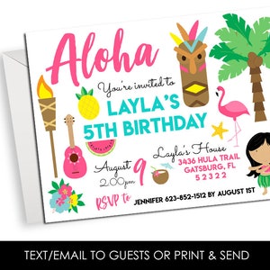 Editable Aloha Girls Invite Invitation Digital 7x5 Birthday Party Hawaiian Luau Kids ANY AGE Corjl
