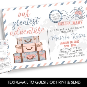 Editable Travel Baby Shower Invitation Invite Digital 7x5 Sprinkle Luggage Adventure Greatest Postcard Postal