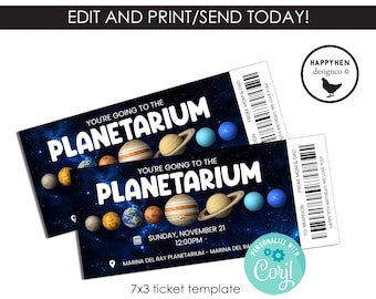 Planetarium Ticket Voucher Editable Template Surprise Gift Reveal 7x3 Digital Instant Download
