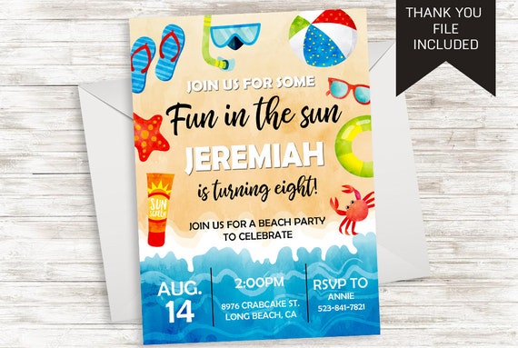 beach birthday invitation invite digital party fun in the sun 5x7 kids any age pool party summer kids beach party invitation