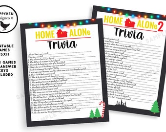 Op de afbeelding: Twee afdrukbare trivia-spellen, "Home Alone" en "Home Alone 2", met antwoordsleutels. De spelvellen zijn zwart met witte tekst, feestelijke verlichting en afbeeldingen van kerstbomen en zuurstokken. De tekst bevat "Trivia" en "8,5x11" (21,6 x 27,9 cm).