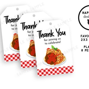 Etiquetas para lembrancinhas de almôndegas Download instantâneo digital Etiqueta de agradecimento de aniversário para festa infantil Espaguete com macarrão para impressão