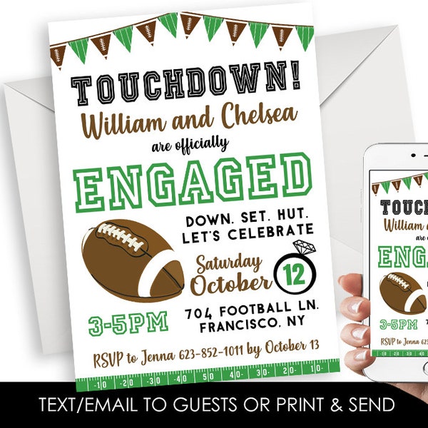 Editable Football Engagement Party Invite Invitation Digital Engaged 5x7 Green Brown I Do Celebration