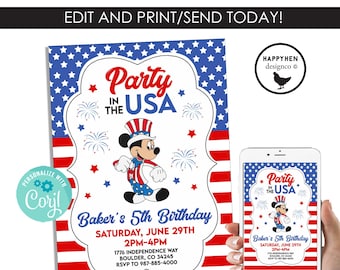 Mickey Mouse 4th of July Invitation Digital Invite 5x7 EDITABLE Template Party in the USA