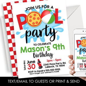 Editable Pizza Pool Party Invitation Invite Digital 5x7 Instant Download Birthday Party Kids Template