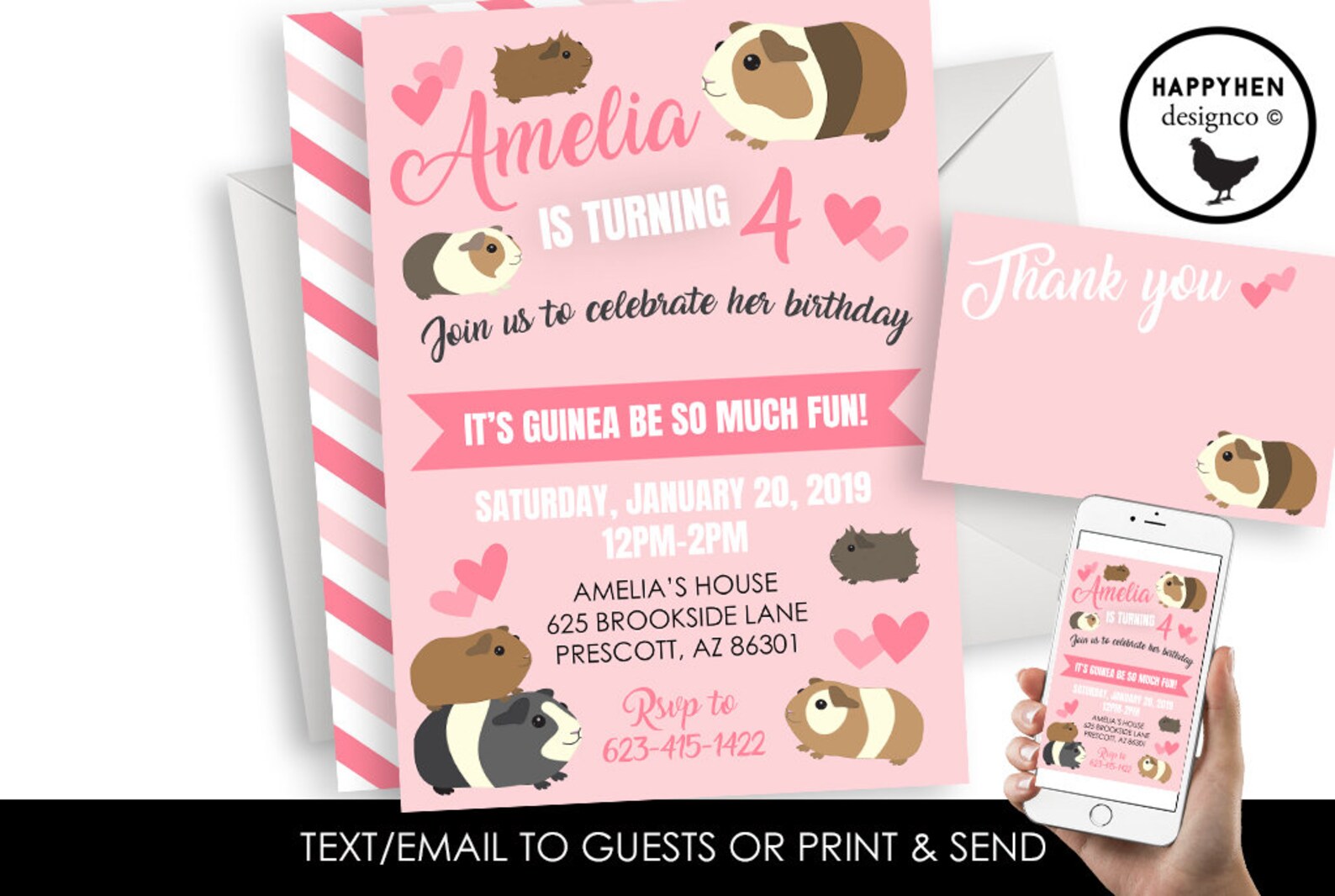 Guinea Pig Invitation Invite Birthday Digital Party 5x7 Girls | Etsy