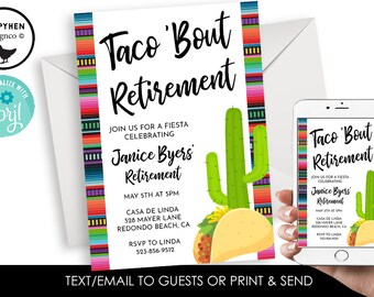 Editable Taco Bout Retirement Invitation Invite Digital 5x7 Serape Fiesta 5x7 Retired Party Women Men Neutral Corjl