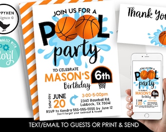 Editable Basketball Pool Party Invite Invitation Birthday Kids Digital 5x7 Splash Sports Basket Ball Instant Download Template